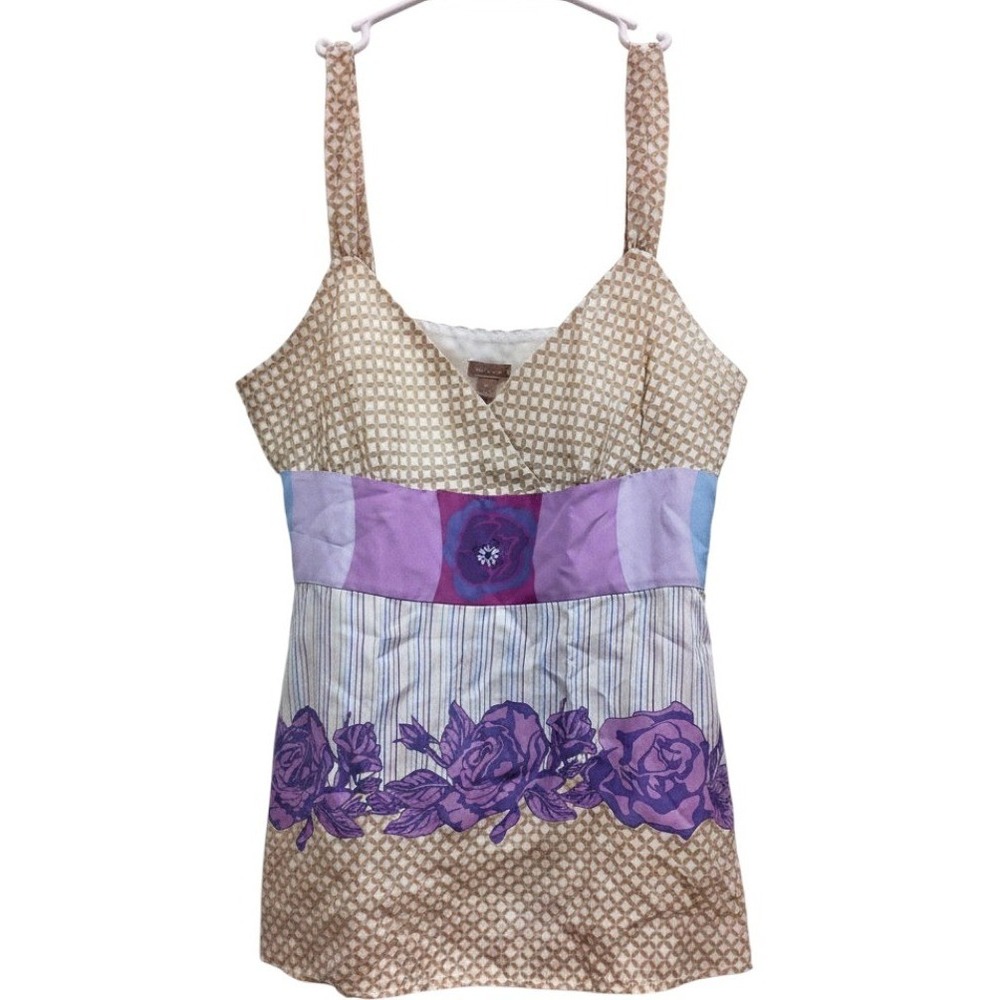 VTG Y2K Halogen Babydoll Cami Tank Top Womens Small Tan Purple Silk Floral